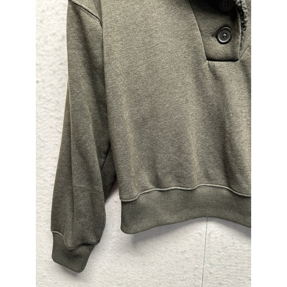 American Eagle Sherpa Collar Pullover Sweatshirt M Olive Green Cozy Button Neck - Picture 2 of 10